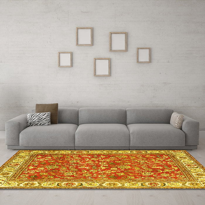 Machine Washable Persian Yellow Traditional Rug in a Living Room, wshtr4457yw