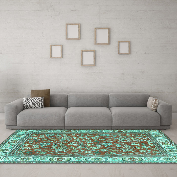 Machine Washable Persian Turquoise Traditional Area Rugs in a Living Room,, wshtr4457turq
