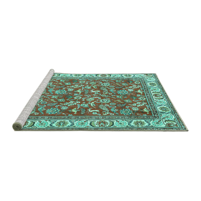 Sideview of Machine Washable Persian Turquoise Traditional Area Rugs, wshtr4457turq