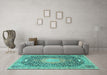 Machine Washable Medallion Turquoise Traditional Area Rugs in a Living Room,, wshtr4458turq