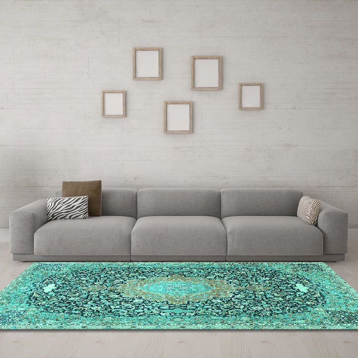Machine Washable Medallion Turquoise Traditional Area Rugs in a Living Room,, wshtr4458turq