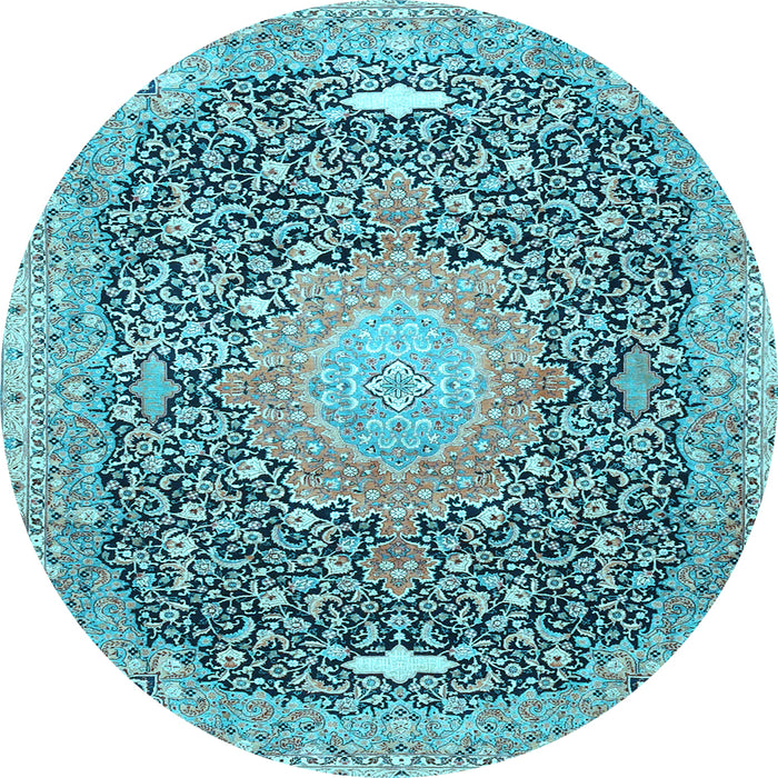 Round Machine Washable Medallion Light Blue Traditional Rug, wshtr4458lblu