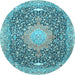 Round Machine Washable Medallion Light Blue Traditional Rug, wshtr4458lblu