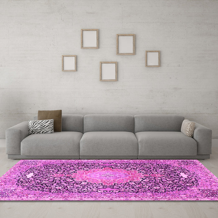 Machine Washable Medallion Pink Traditional Rug in a Living Room, wshtr4458pnk