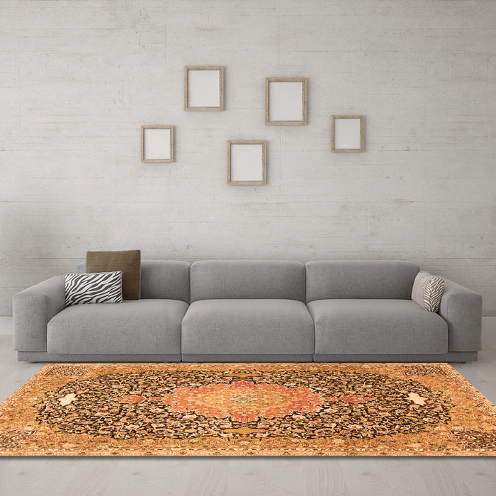 Machine Washable Medallion Orange Traditional Area Rugs in a Living Room, wshtr4458org