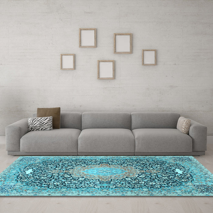 Machine Washable Medallion Light Blue Traditional Rug in a Living Room, wshtr4458lblu