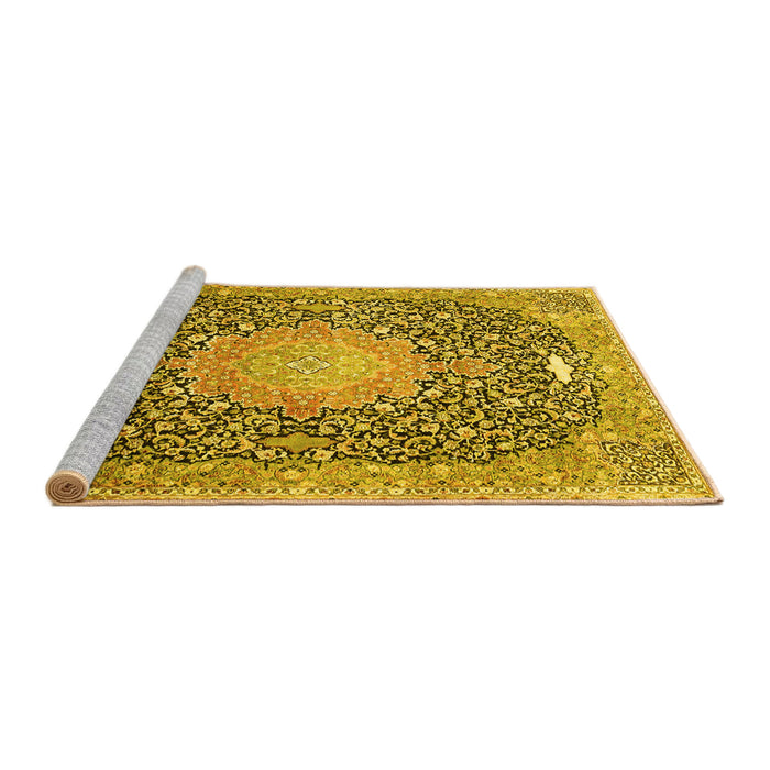 Sideview of Machine Washable Medallion Yellow Traditional Rug, wshtr4458yw