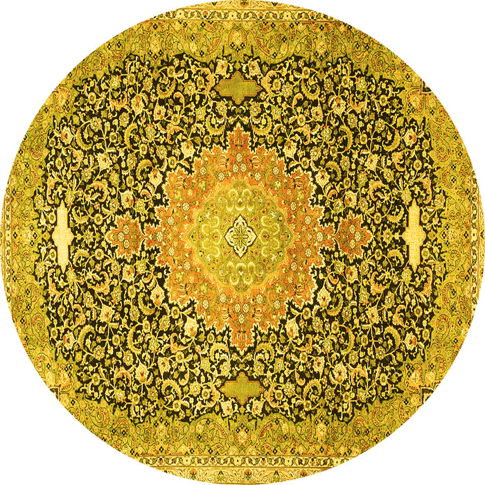 Round Machine Washable Medallion Yellow Traditional Rug, wshtr4458yw