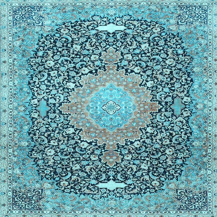 Square Machine Washable Medallion Light Blue Traditional Rug, wshtr4458lblu