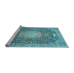 Sideview of Machine Washable Medallion Light Blue Traditional Rug, wshtr4458lblu