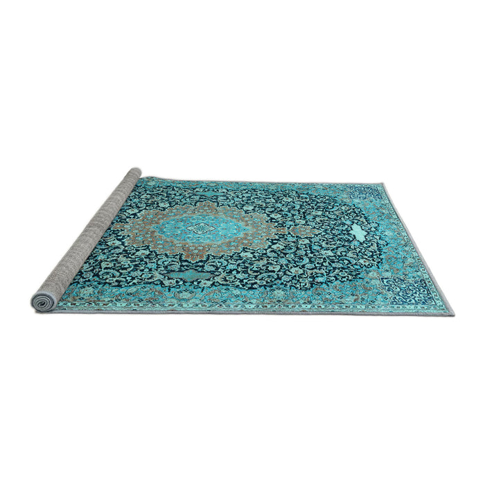 Sideview of Machine Washable Medallion Light Blue Traditional Rug, wshtr4458lblu