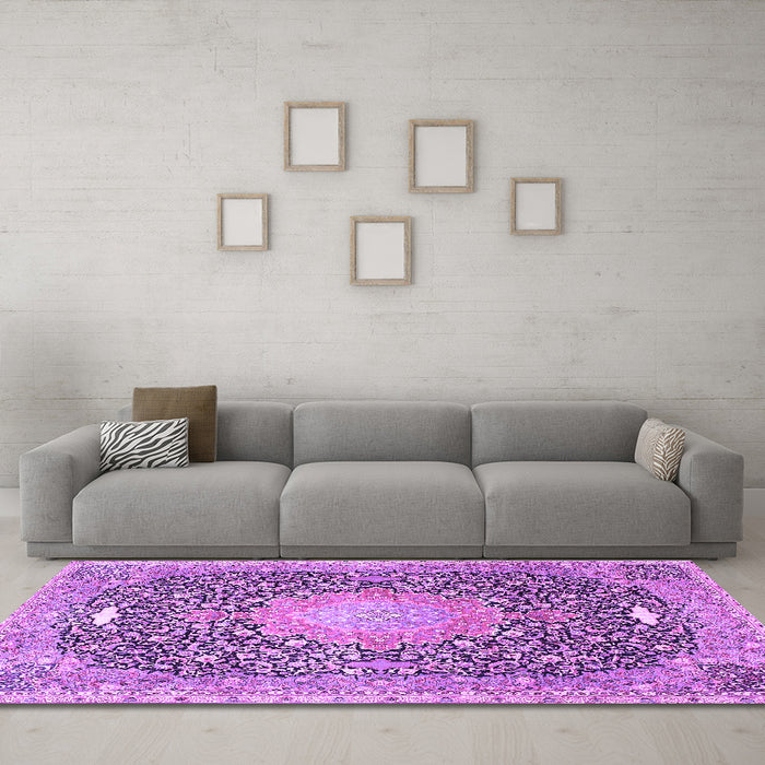 Machine Washable Medallion Purple Traditional Area Rugs in a Living Room, wshtr4458pur