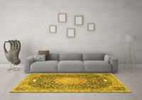 Machine Washable Medallion Yellow Traditional Rug, wshtr4458yw