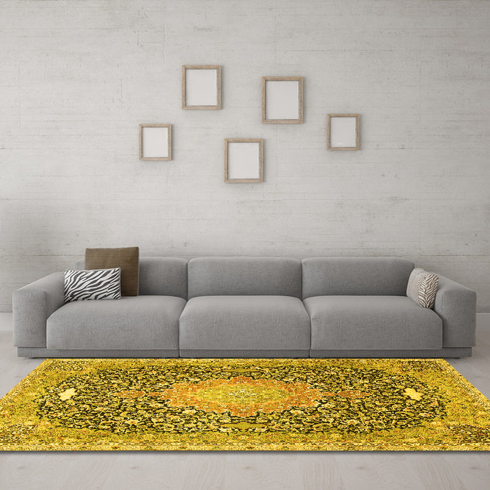Machine Washable Medallion Yellow Traditional Rug in a Living Room, wshtr4458yw