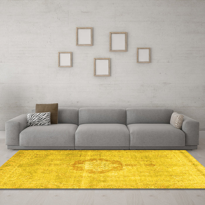 Machine Washable Medallion Yellow Traditional Rug in a Living Room, wshtr4459yw