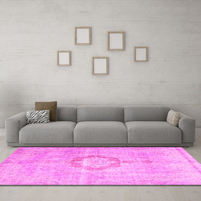 Machine Washable Medallion Pink Traditional Rug in a Living Room, wshtr4459pnk