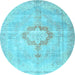 Round Machine Washable Medallion Light Blue Traditional Rug, wshtr4459lblu