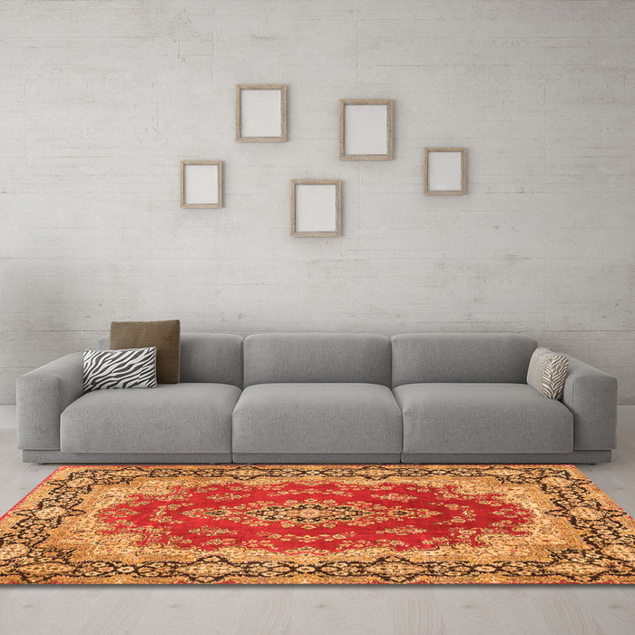 Machine Washable Medallion Orange Traditional Area Rugs in a Living Room, wshtr445org