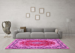Machine Washable Medallion Pink Traditional Rug in a Living Room, wshtr445pnk