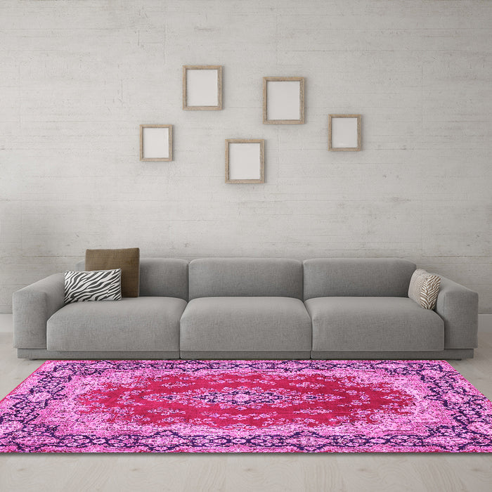 Machine Washable Medallion Pink Traditional Rug in a Living Room, wshtr445pnk
