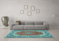 Machine Washable Medallion Light Blue Traditional Rug, wshtr445lblu