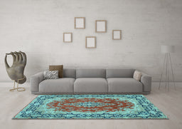 Machine Washable Medallion Light Blue Traditional Rug in a Living Room, wshtr445lblu