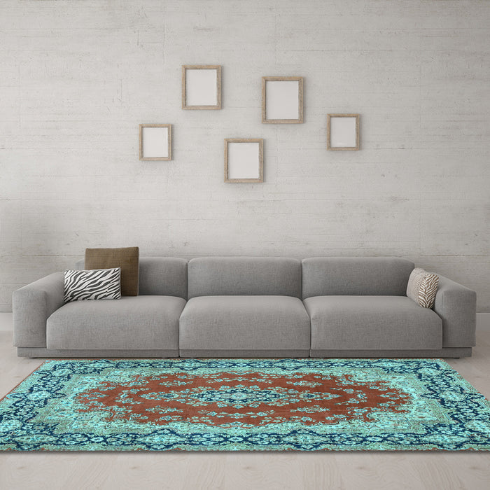 Machine Washable Medallion Light Blue Traditional Rug in a Living Room, wshtr445lblu