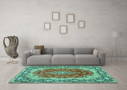 Machine Washable Medallion Turquoise Traditional Area Rugs in a Living Room,, wshtr445turq