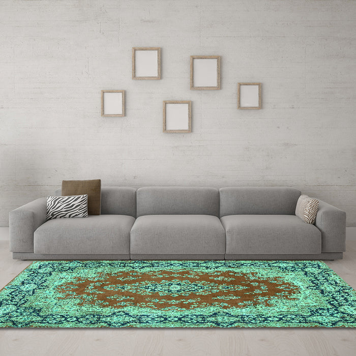 Machine Washable Medallion Turquoise Traditional Area Rugs in a Living Room,, wshtr445turq