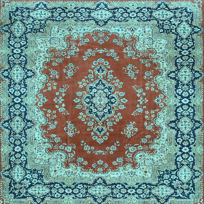 Square Machine Washable Medallion Light Blue Traditional Rug, wshtr445lblu
