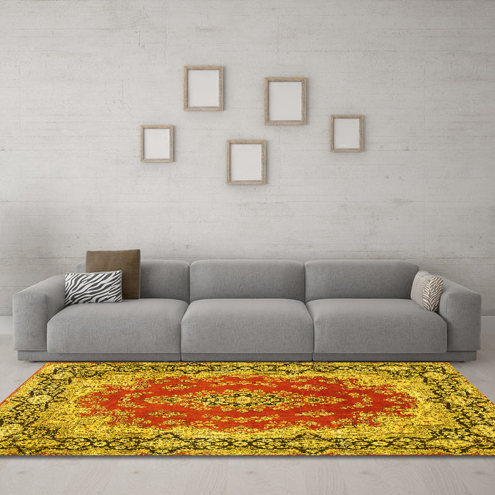 Machine Washable Medallion Yellow Traditional Rug in a Living Room, wshtr445yw