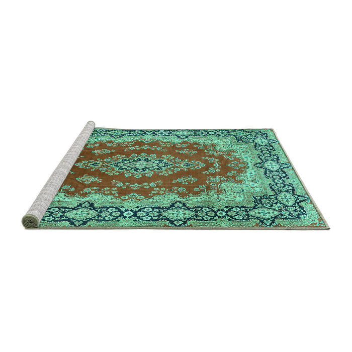 Sideview of Machine Washable Medallion Turquoise Traditional Area Rugs, wshtr445turq