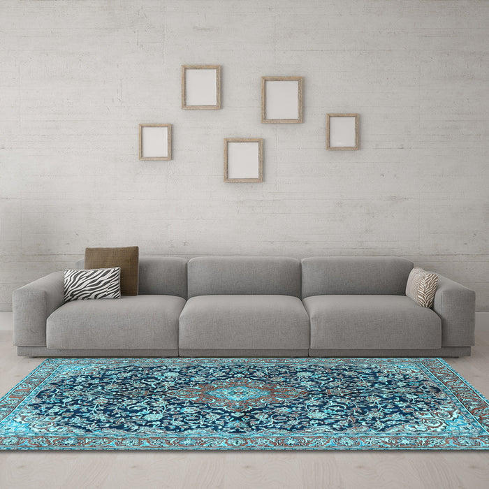 Machine Washable Medallion Light Blue Traditional Rug in a Living Room, wshtr4460lblu