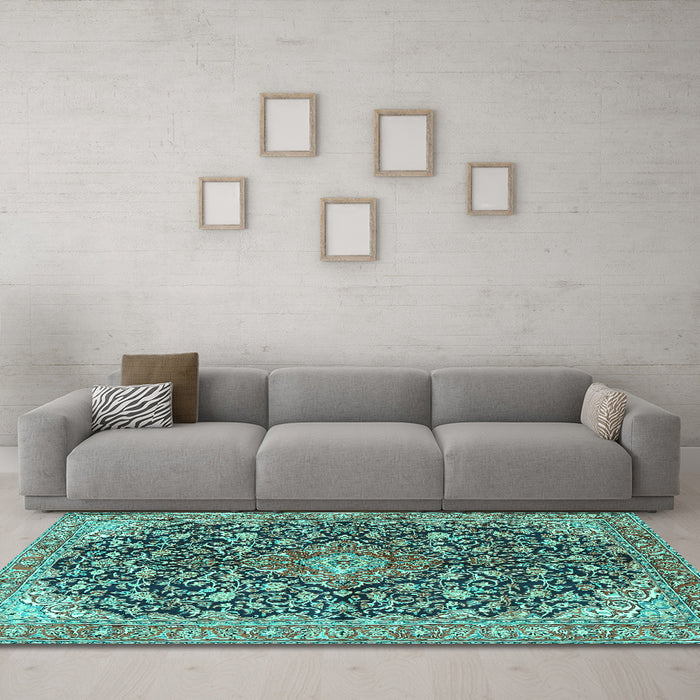 Machine Washable Medallion Turquoise Traditional Area Rugs in a Living Room,, wshtr4460turq