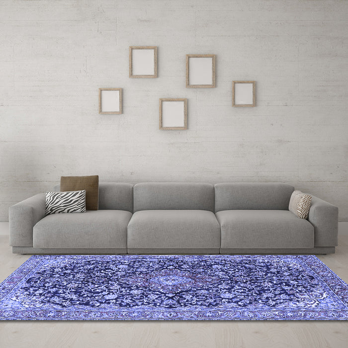 Machine Washable Medallion Blue Traditional Rug in a Living Room, wshtr4460blu