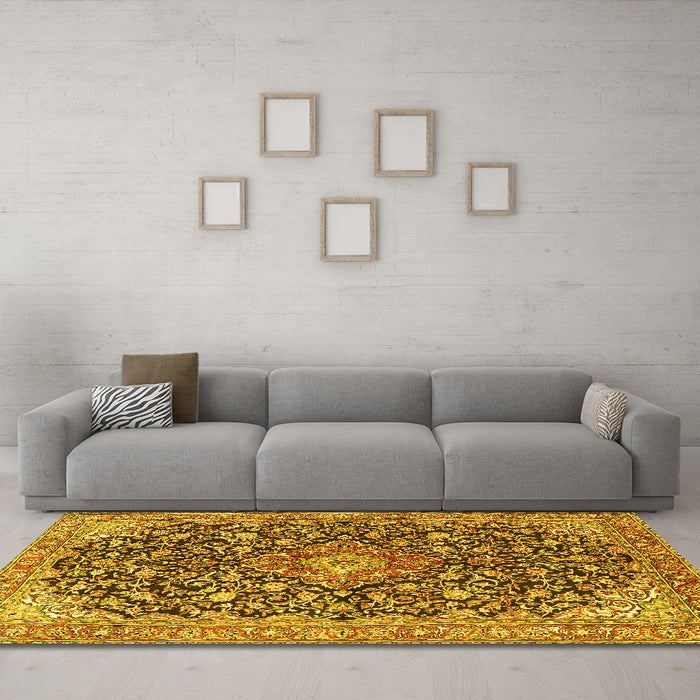 Machine Washable Medallion Yellow Traditional Rug in a Living Room, wshtr4460yw