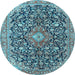 Round Machine Washable Medallion Light Blue Traditional Rug, wshtr4460lblu