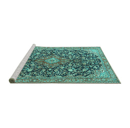 Sideview of Machine Washable Medallion Turquoise Traditional Area Rugs, wshtr4460turq