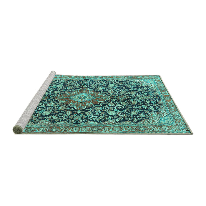 Sideview of Machine Washable Medallion Turquoise Traditional Area Rugs, wshtr4460turq
