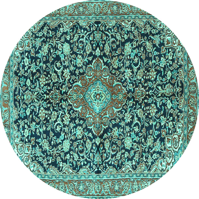 Round Machine Washable Medallion Turquoise Traditional Area Rugs, wshtr4460turq