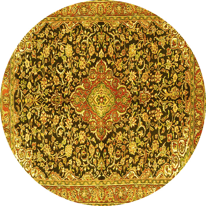 Round Machine Washable Medallion Yellow Traditional Rug, wshtr4460yw