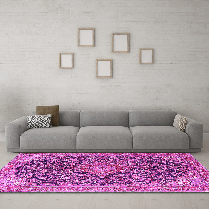 Machine Washable Medallion Pink Traditional Rug in a Living Room, wshtr4460pnk