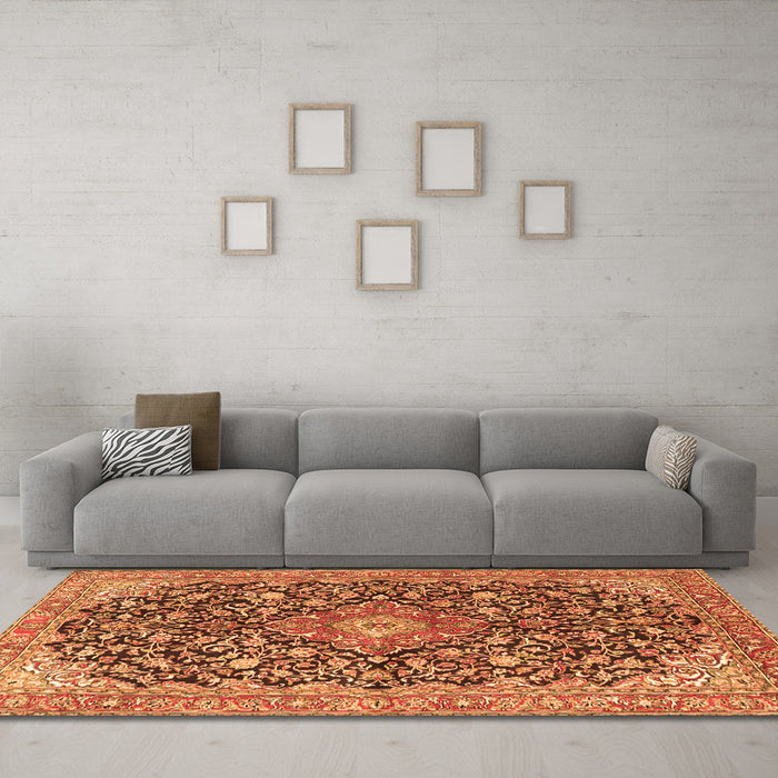 Machine Washable Medallion Orange Traditional Area Rugs in a Living Room, wshtr4460org