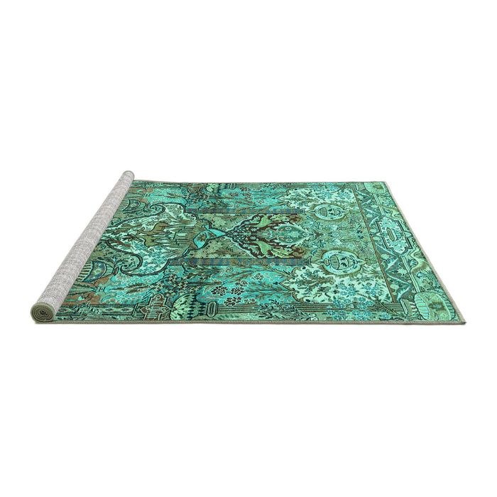 Sideview of Machine Washable Persian Turquoise Traditional Area Rugs, wshtr4461turq