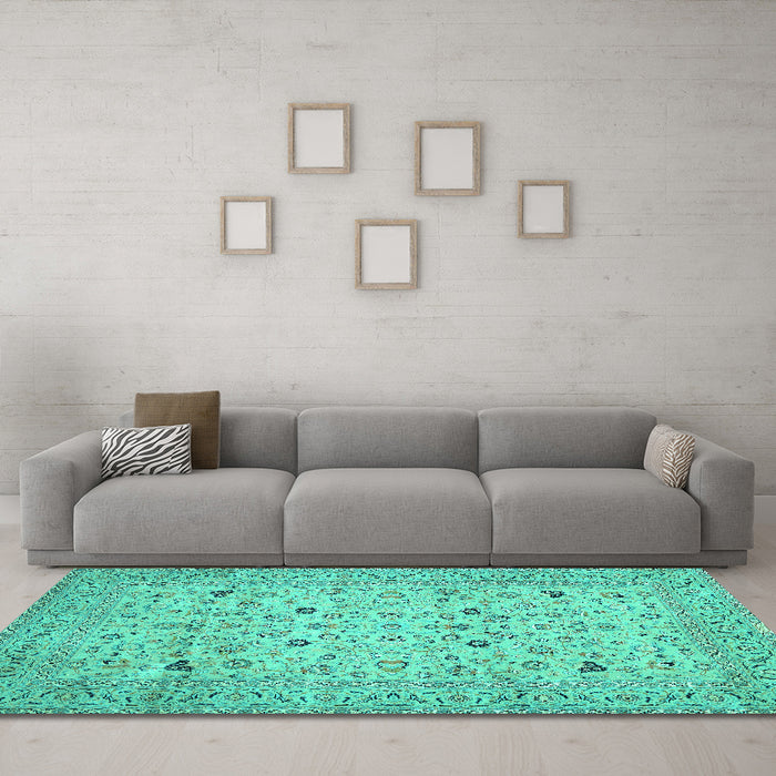 Machine Washable Persian Turquoise Traditional Area Rugs in a Living Room,, wshtr446turq