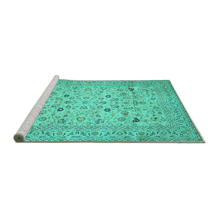 Sideview of Machine Washable Persian Turquoise Traditional Area Rugs, wshtr446turq