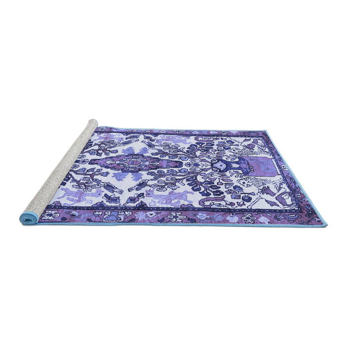 Sideview of Machine Washable Medallion Blue Traditional Rug, wshtr4471blu