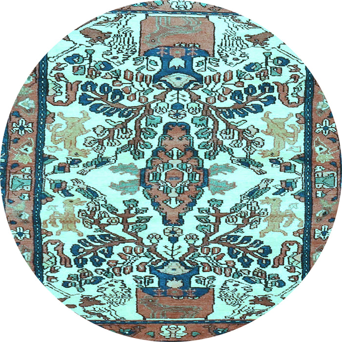 Round Machine Washable Medallion Light Blue Traditional Rug, wshtr4471lblu