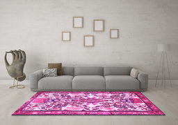 Machine Washable Medallion Pink Traditional Rug in a Living Room, wshtr4471pnk