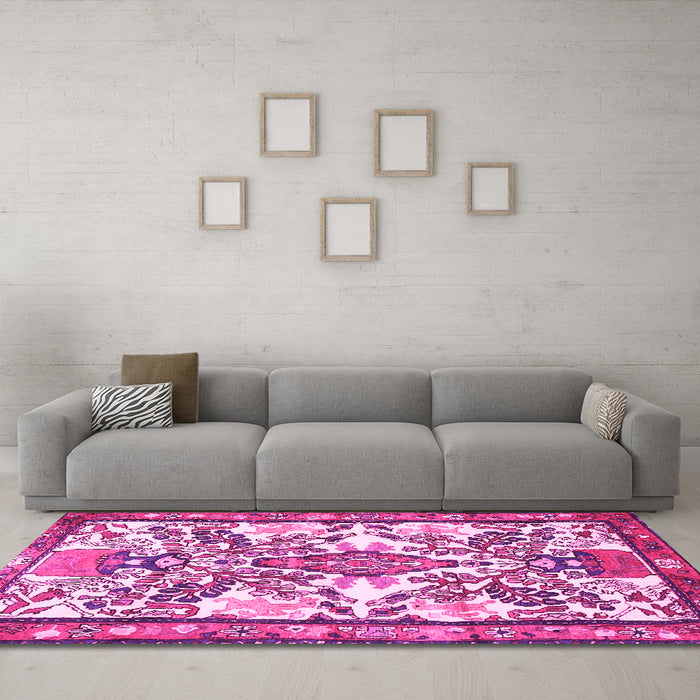 Machine Washable Medallion Pink Traditional Rug in a Living Room, wshtr4471pnk